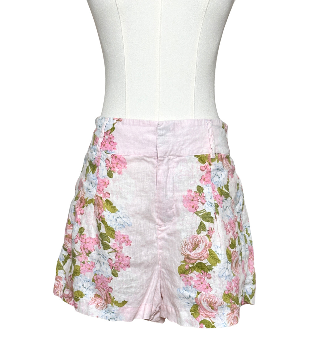 C C California Linen High Waist Pink Floral Elastic Waist Shorts Medium